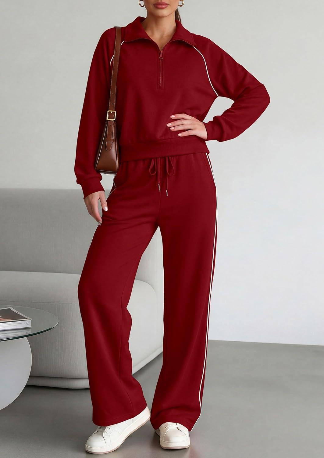 imagePRETTYGARDEN Womens 2 Piece Outfits Casual Lapel Half Zip Sweatshirts and Wide Leg Pants Tracksuit SetsStyle2burgundy