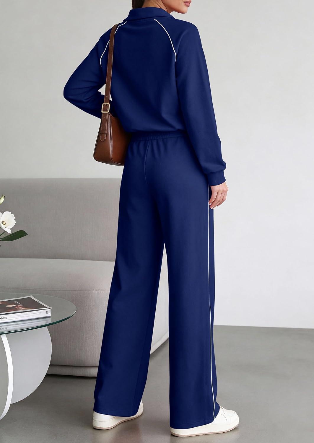 imagePRETTYGARDEN Womens 2 Piece Outfits Casual Lapel Half Zip Sweatshirts and Wide Leg Pants Tracksuit SetsStyle2navy Blue