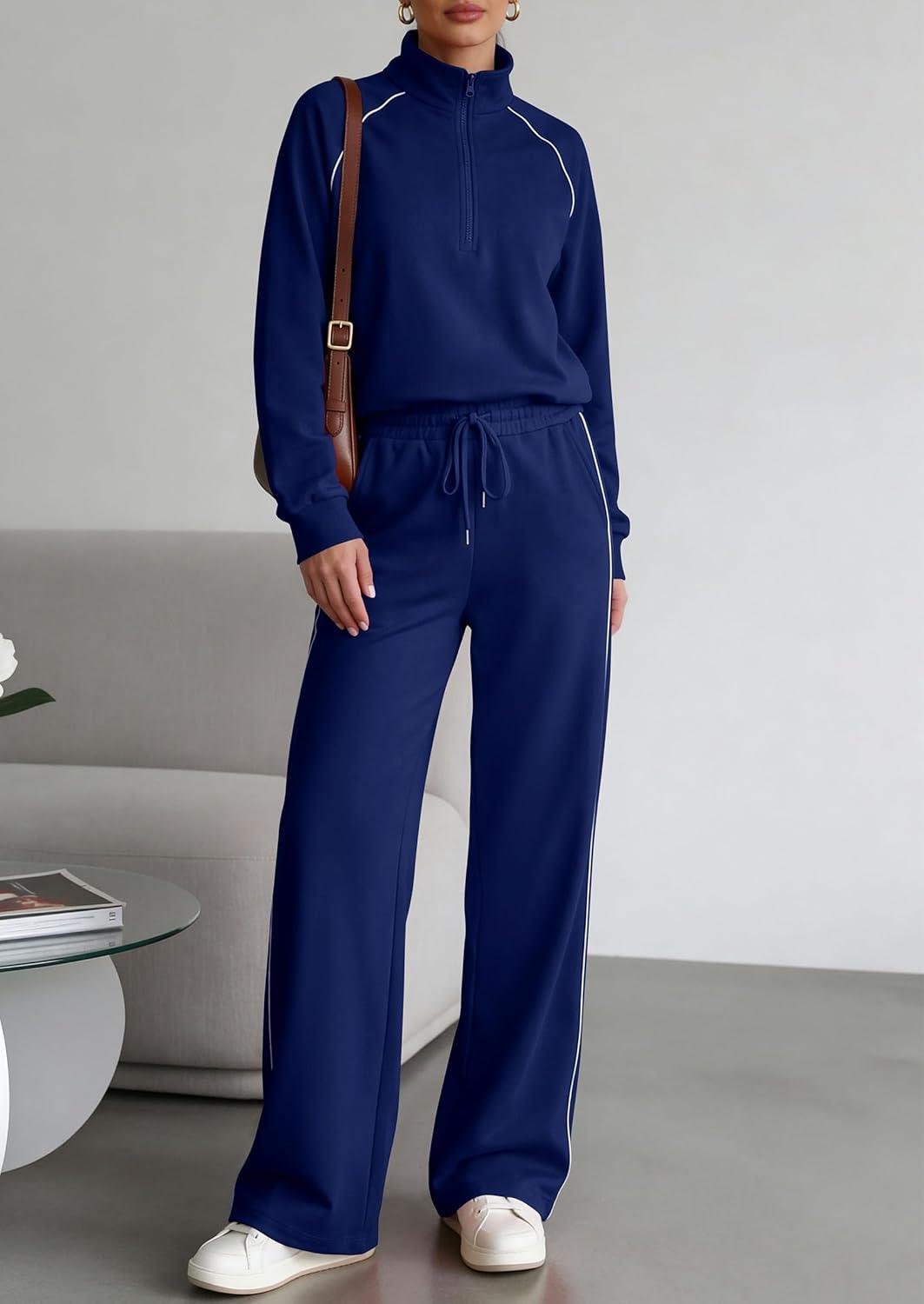 imagePRETTYGARDEN Womens 2 Piece Outfits Casual Lapel Half Zip Sweatshirts and Wide Leg Pants Tracksuit SetsStyle2navy Blue