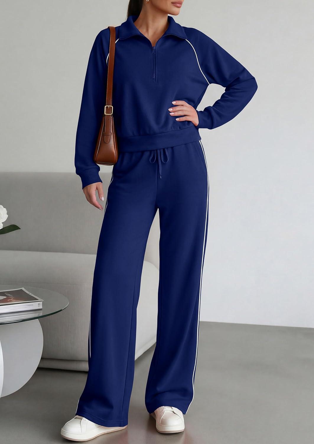 imagePRETTYGARDEN Womens 2 Piece Outfits Casual Lapel Half Zip Sweatshirts and Wide Leg Pants Tracksuit SetsStyle2navy Blue