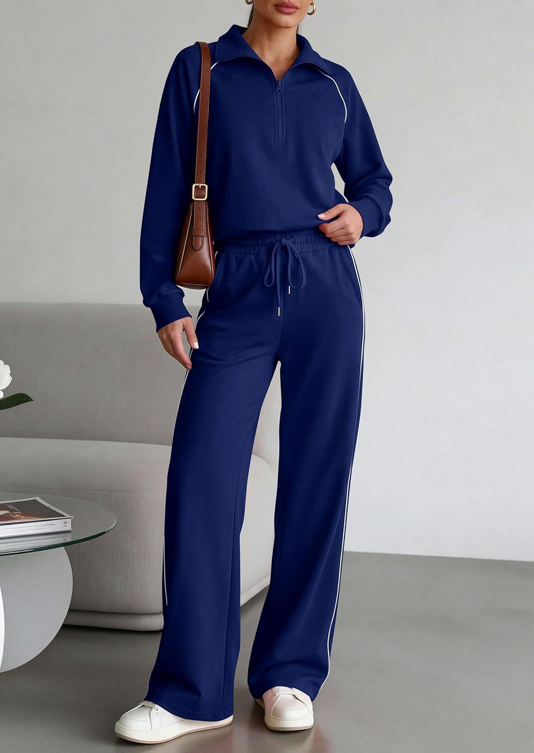 imagePRETTYGARDEN Womens 2 Piece Outfits Casual Lapel Half Zip Sweatshirts and Wide Leg Pants Tracksuit SetsStyle2navy Blue