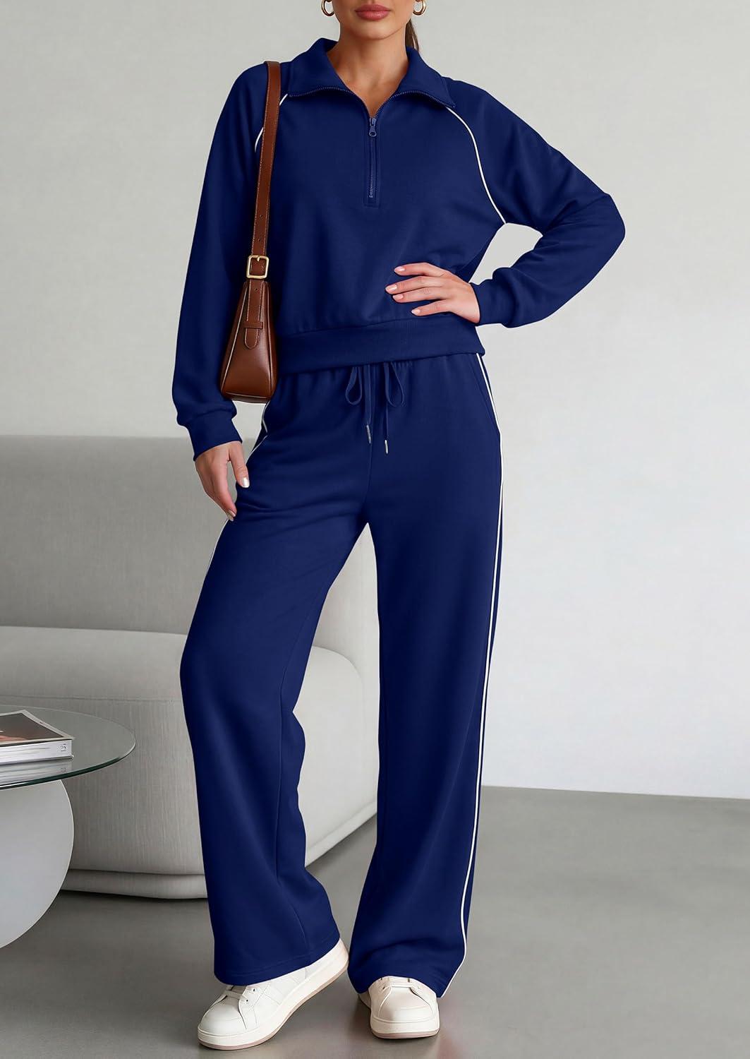 imagePRETTYGARDEN Womens 2 Piece Outfits Casual Lapel Half Zip Sweatshirts and Wide Leg Pants Tracksuit SetsStyle2navy Blue