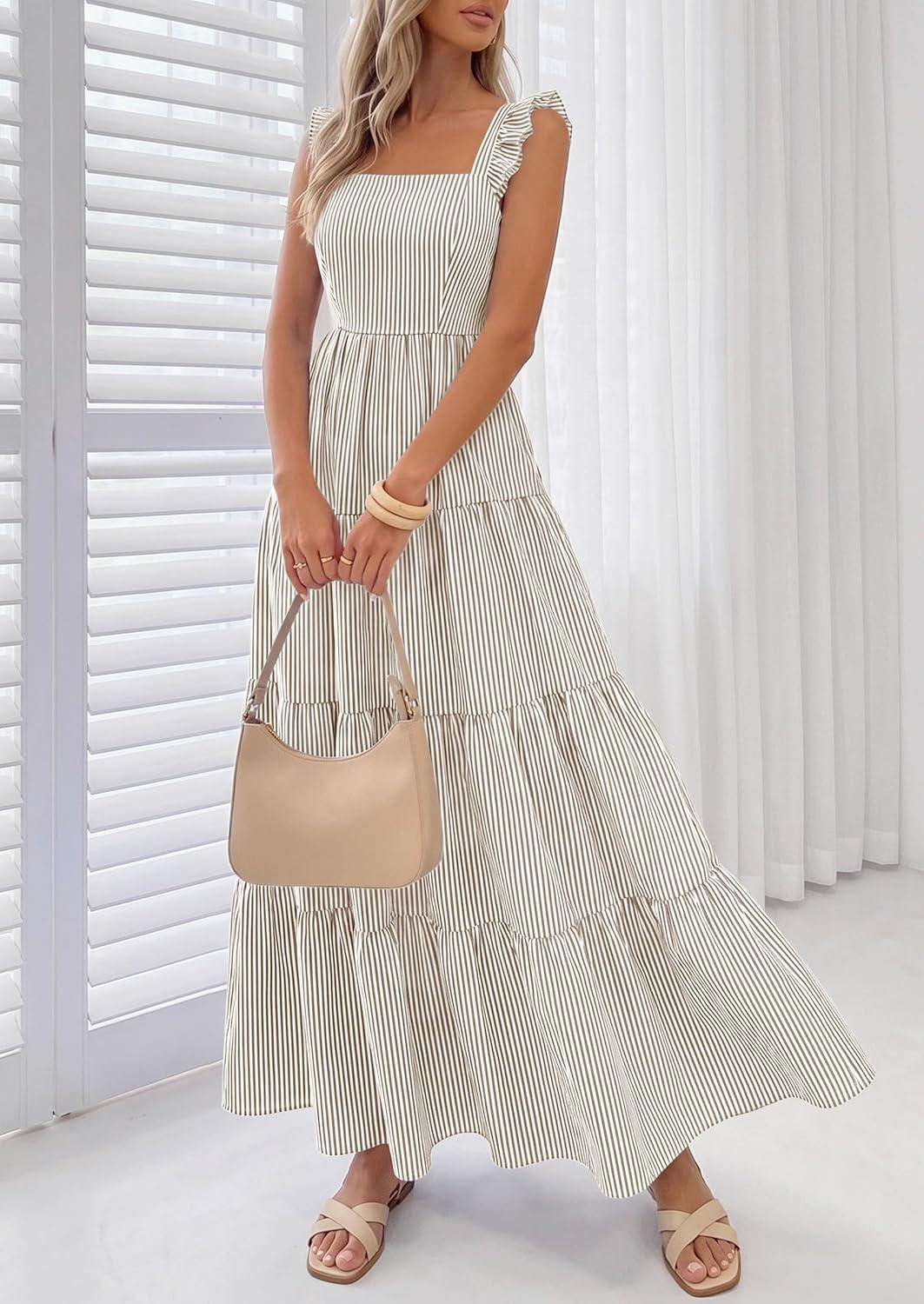 imagePRETTYGARDEN Womens 2026 Summer Casual Maxi Dresses Striped Square Neck Sleeveless Boho Flowy Sundress Beach Vacation ClothesBrown