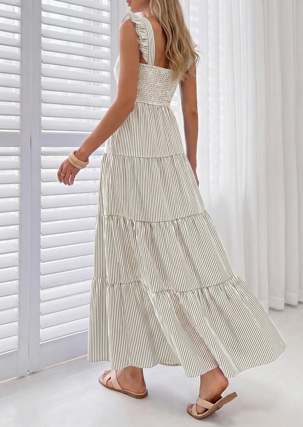 imagePRETTYGARDEN Womens 2026 Summer Casual Maxi Dresses Striped Square Neck Sleeveless Boho Flowy Sundress Beach Vacation ClothesBrown