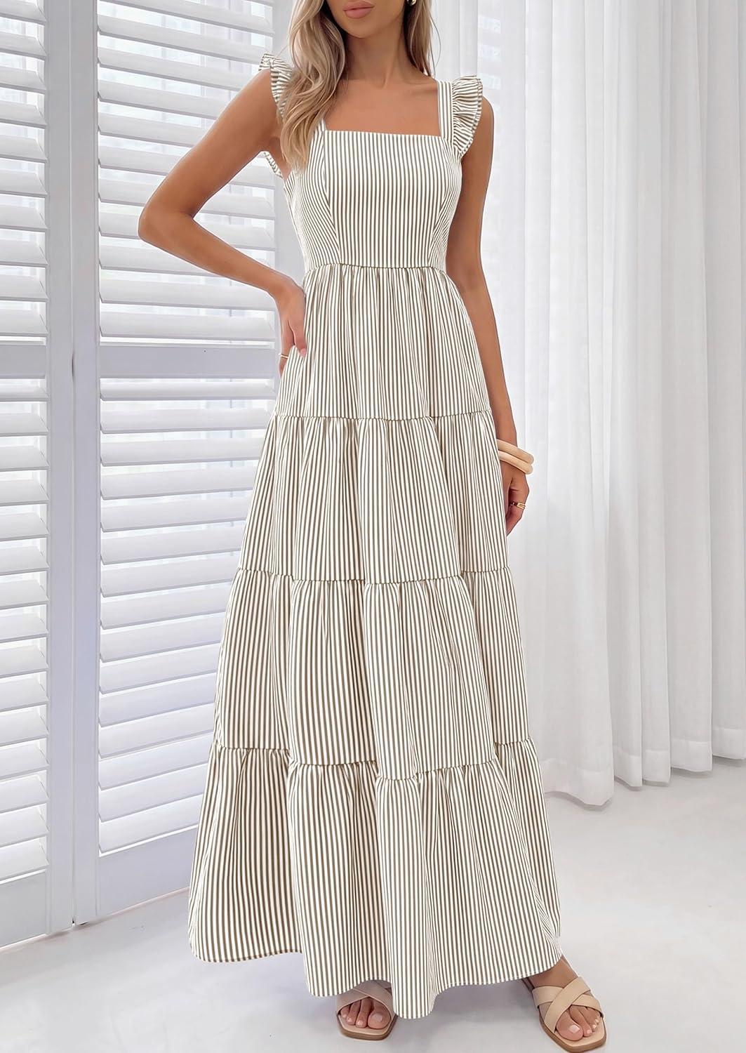imagePRETTYGARDEN Womens 2026 Summer Casual Maxi Dresses Striped Square Neck Sleeveless Boho Flowy Sundress Beach Vacation ClothesBrown