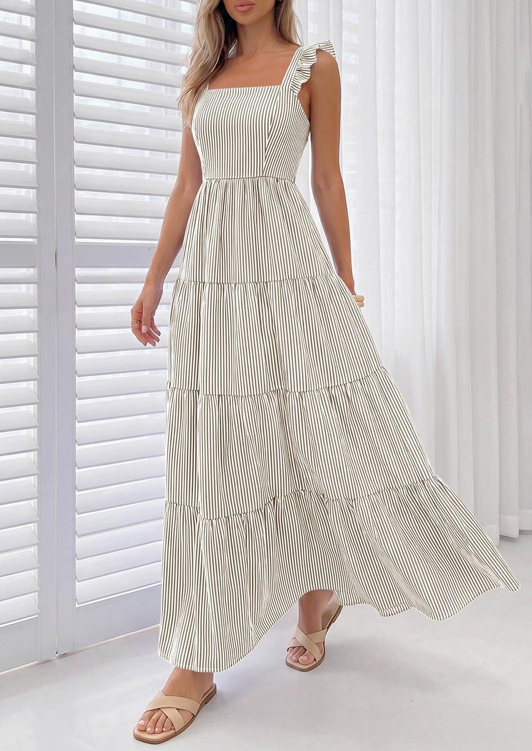 imagePRETTYGARDEN Womens 2026 Summer Casual Maxi Dresses Striped Square Neck Sleeveless Boho Flowy Sundress Beach Vacation ClothesBrown