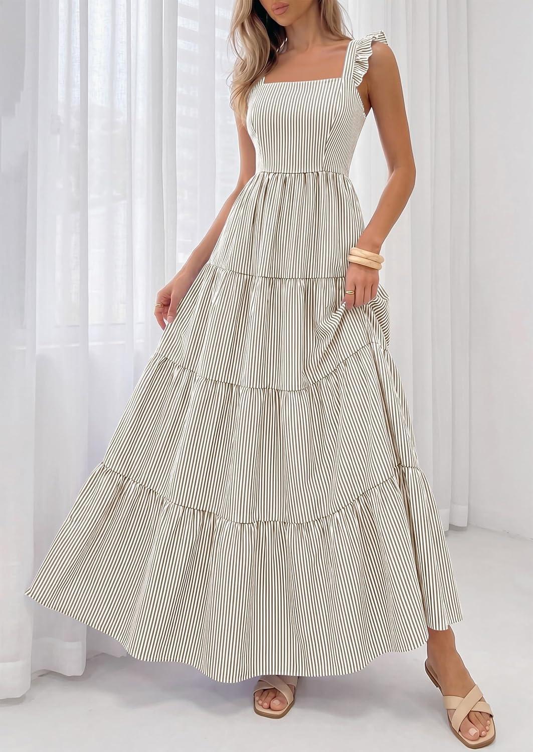 imagePRETTYGARDEN Womens 2026 Summer Casual Maxi Dresses Striped Square Neck Sleeveless Boho Flowy Sundress Beach Vacation ClothesBrown
