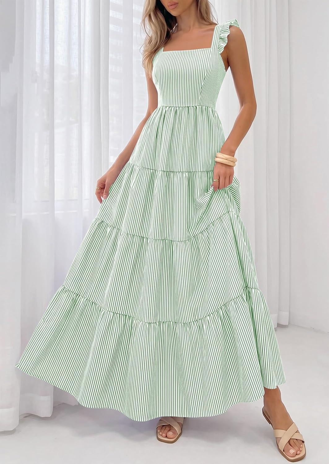 imagePRETTYGARDEN Womens 2026 Summer Casual Maxi Dresses Striped Square Neck Sleeveless Boho Flowy Sundress Beach Vacation ClothesGreen
