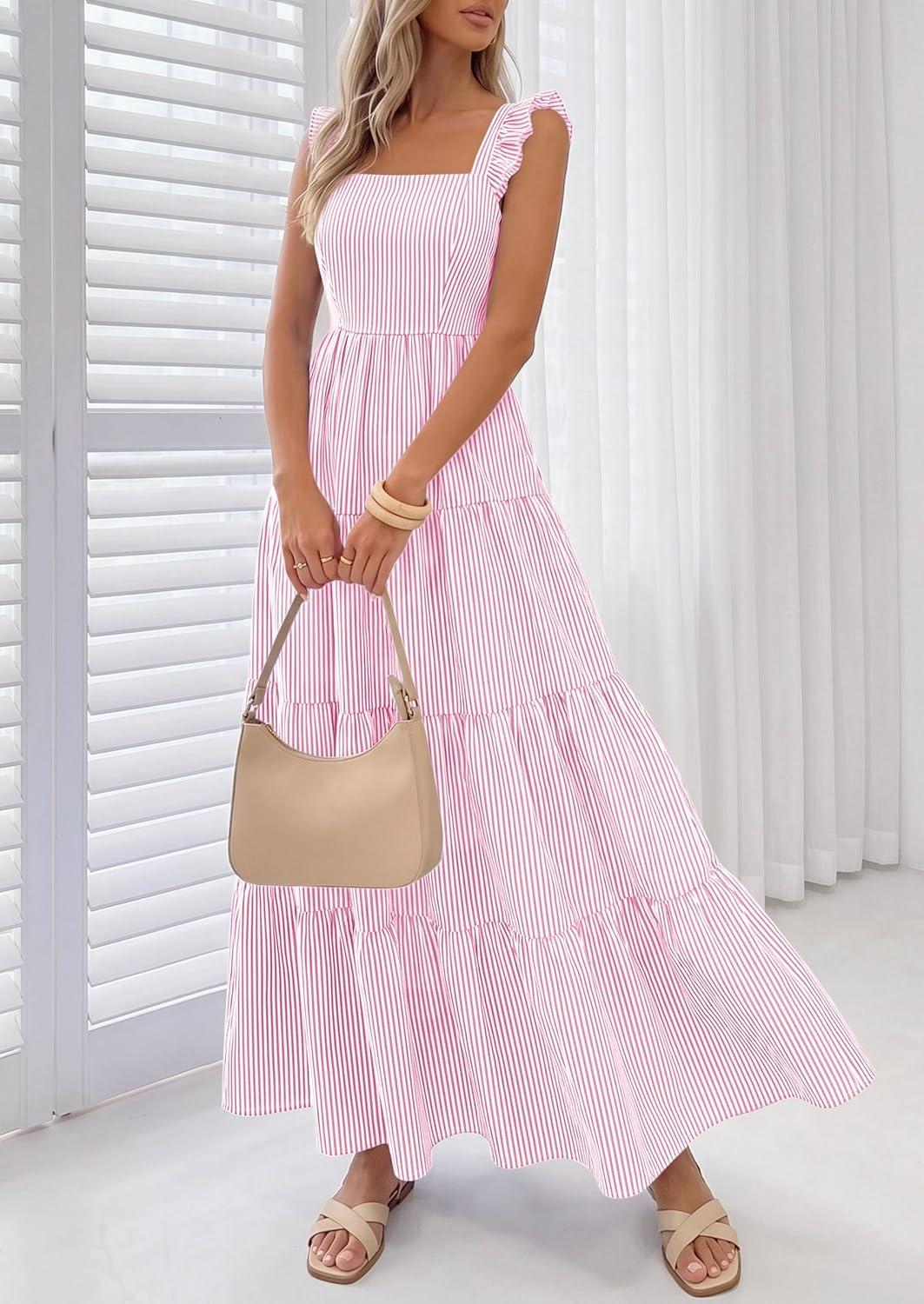 imagePRETTYGARDEN Womens 2026 Summer Casual Maxi Dresses Striped Square Neck Sleeveless Boho Flowy Sundress Beach Vacation ClothesPink