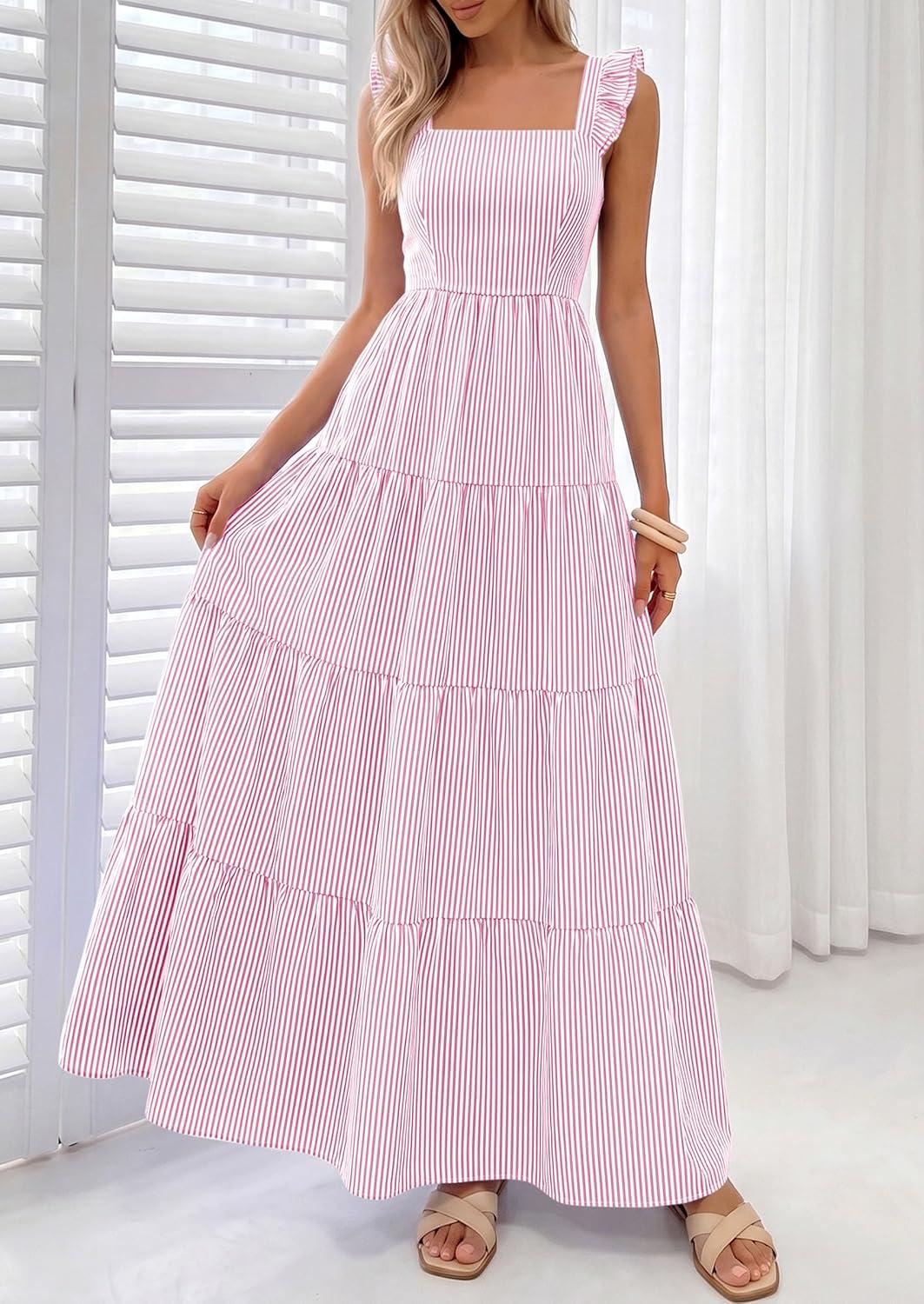 imagePRETTYGARDEN Womens 2026 Summer Casual Maxi Dresses Striped Square Neck Sleeveless Boho Flowy Sundress Beach Vacation ClothesPink