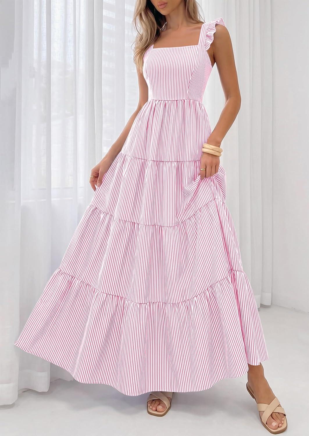 imagePRETTYGARDEN Womens 2026 Summer Casual Maxi Dresses Striped Square Neck Sleeveless Boho Flowy Sundress Beach Vacation ClothesPink