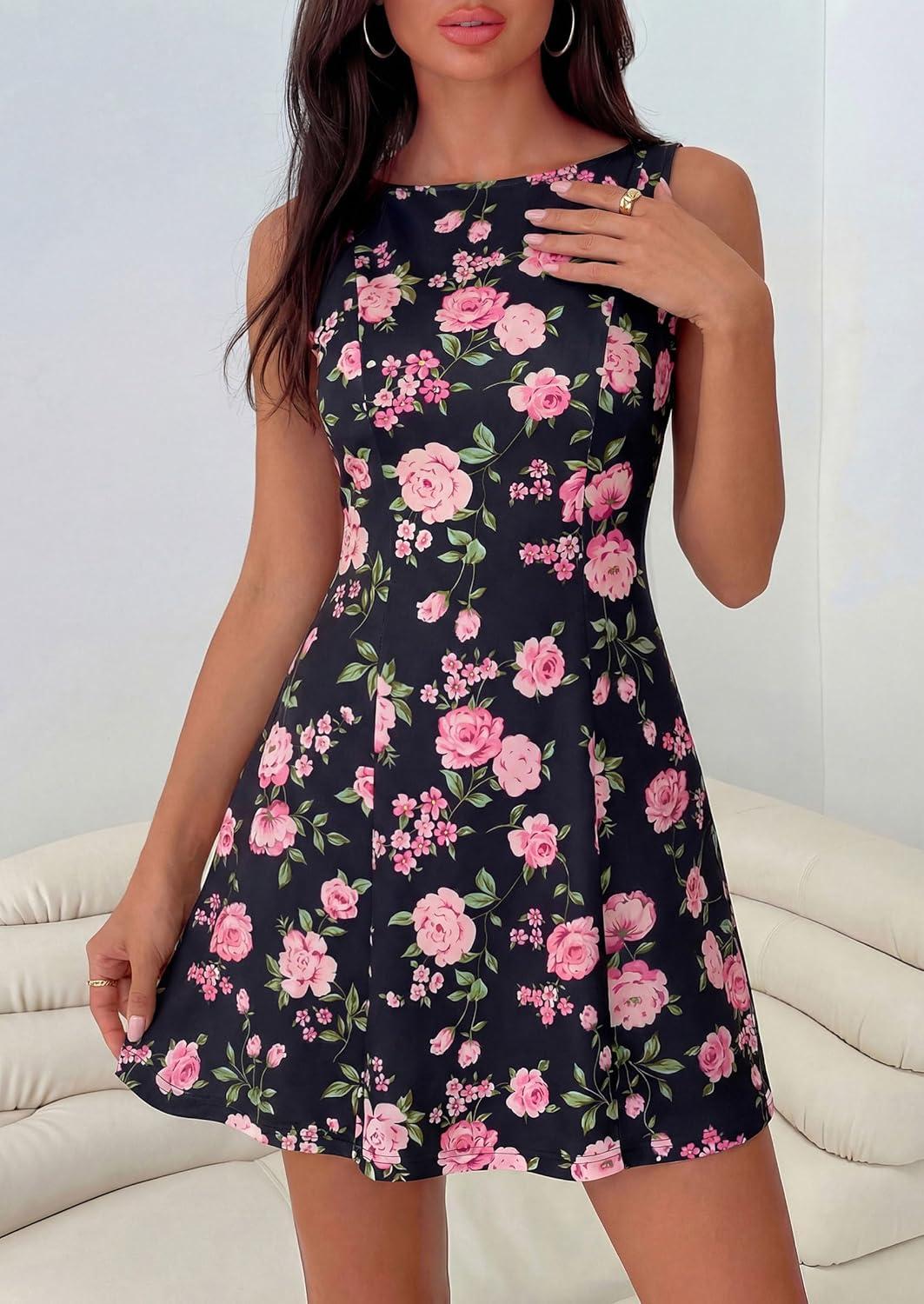 imagePRETTYGARDEN Womens 2026 Summer Short Dress Floral Sleeveless Boat Neck A Line Formal Cocktail Party Mini DressesFloral Black Pink