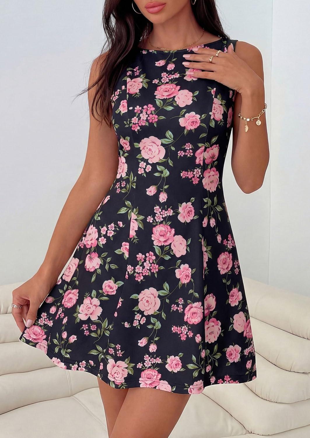 imagePRETTYGARDEN Womens 2026 Summer Short Dress Floral Sleeveless Boat Neck A Line Formal Cocktail Party Mini DressesFloral Black Pink