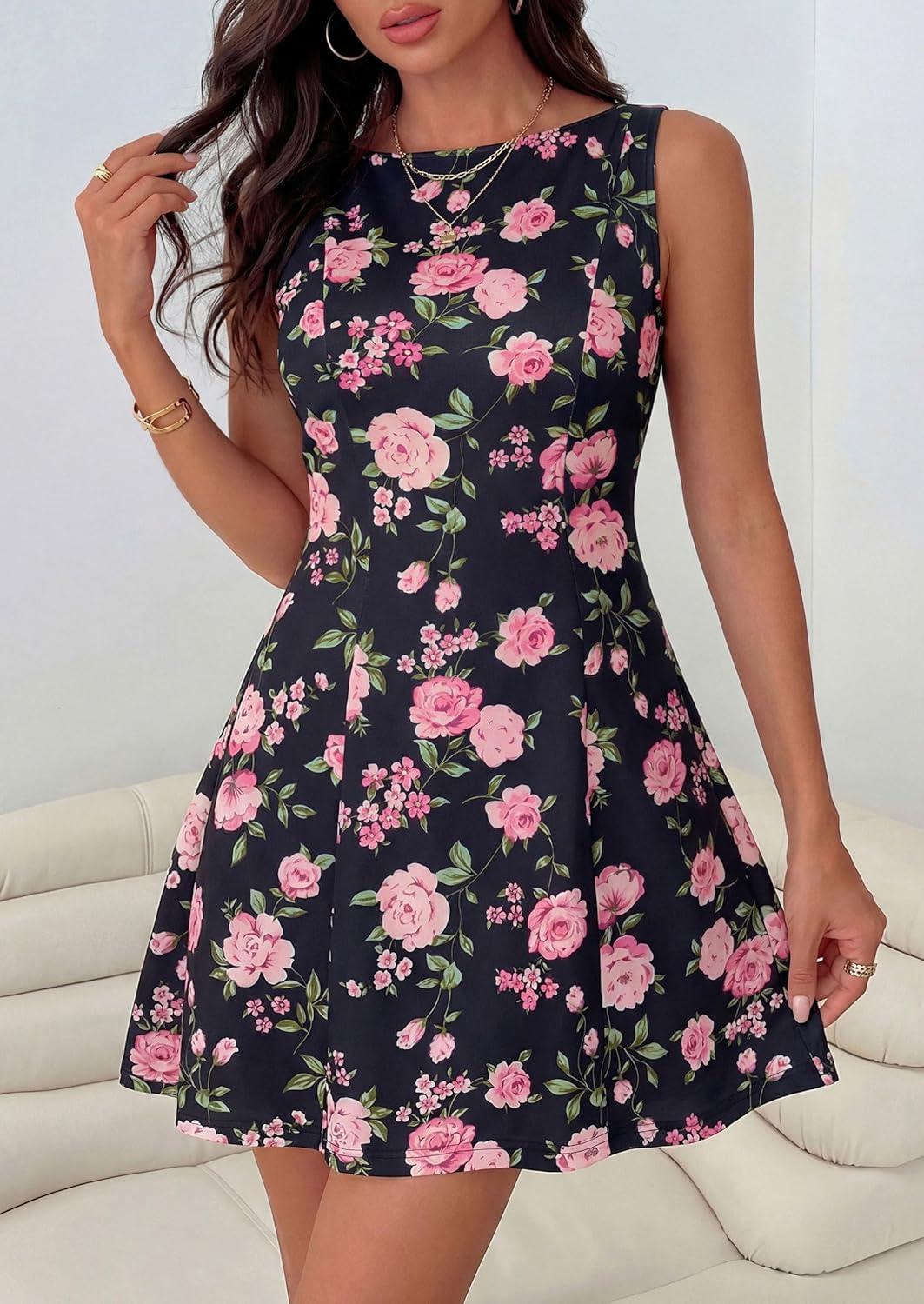 imagePRETTYGARDEN Womens 2026 Summer Short Dress Floral Sleeveless Boat Neck A Line Formal Cocktail Party Mini DressesFloral Black Pink