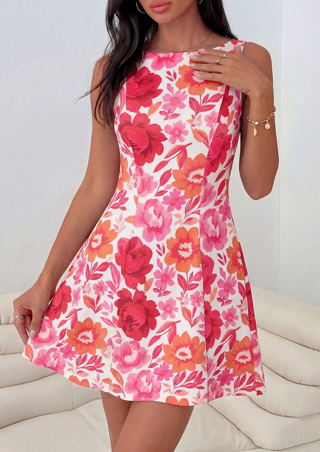 imagePRETTYGARDEN Womens 2026 Summer Short Dress Floral Sleeveless Boat Neck A Line Formal Cocktail Party Mini DressesFloral Dark Red