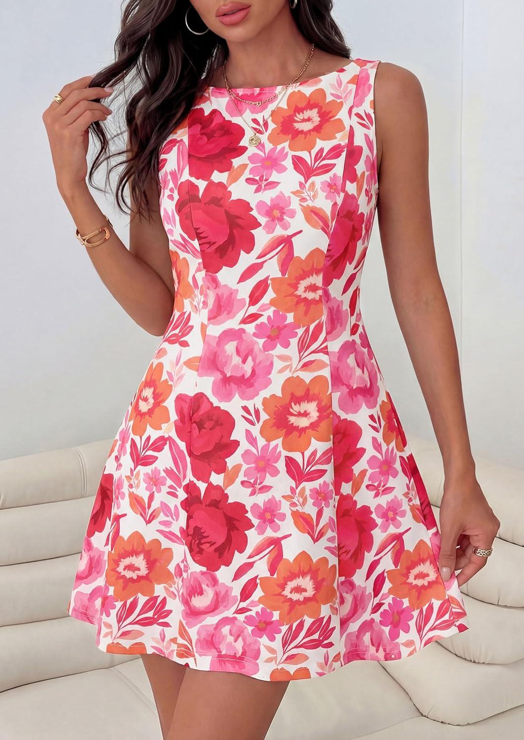 imagePRETTYGARDEN Womens 2026 Summer Short Dress Floral Sleeveless Boat Neck A Line Formal Cocktail Party Mini DressesFloral Dark Red