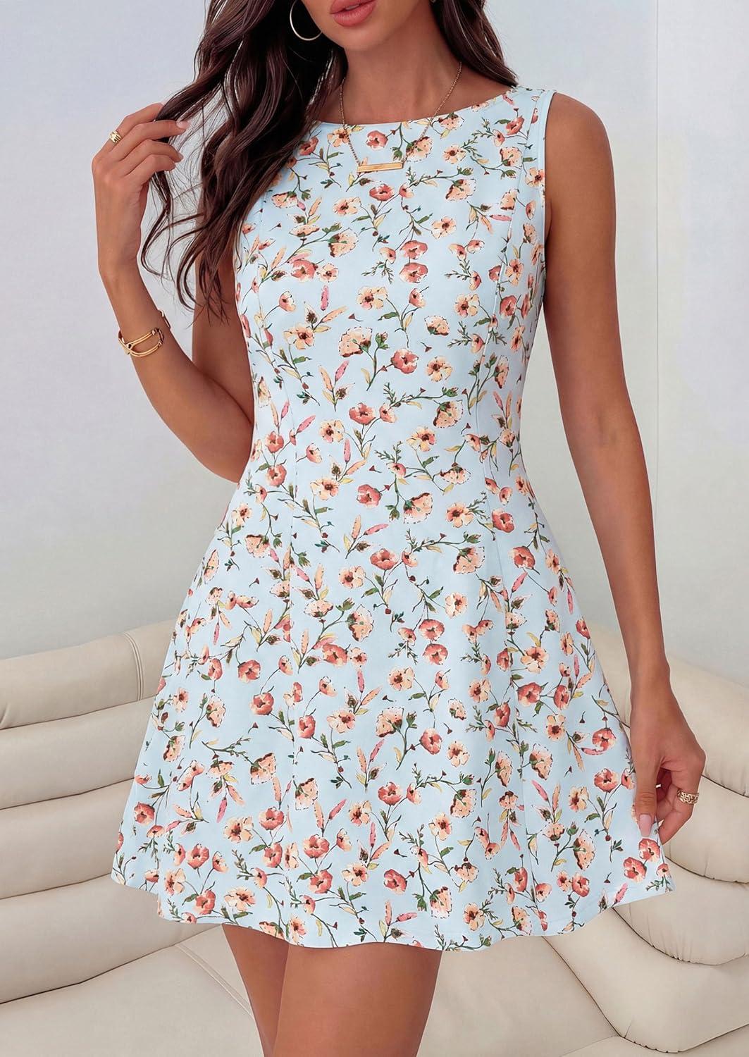 imagePRETTYGARDEN Womens 2026 Summer Short Dress Floral Sleeveless Boat Neck A Line Formal Cocktail Party Mini DressesFloral Light Blue Apricot