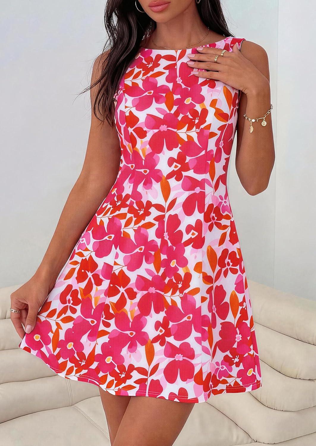 imagePRETTYGARDEN Womens 2026 Summer Short Dress Floral Sleeveless Boat Neck A Line Formal Cocktail Party Mini DressesFloral Rose Red