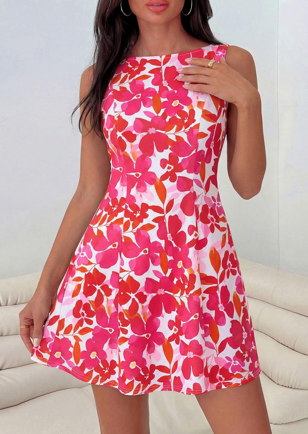 imagePRETTYGARDEN Womens 2026 Summer Short Dress Floral Sleeveless Boat Neck A Line Formal Cocktail Party Mini DressesFloral Rose Red