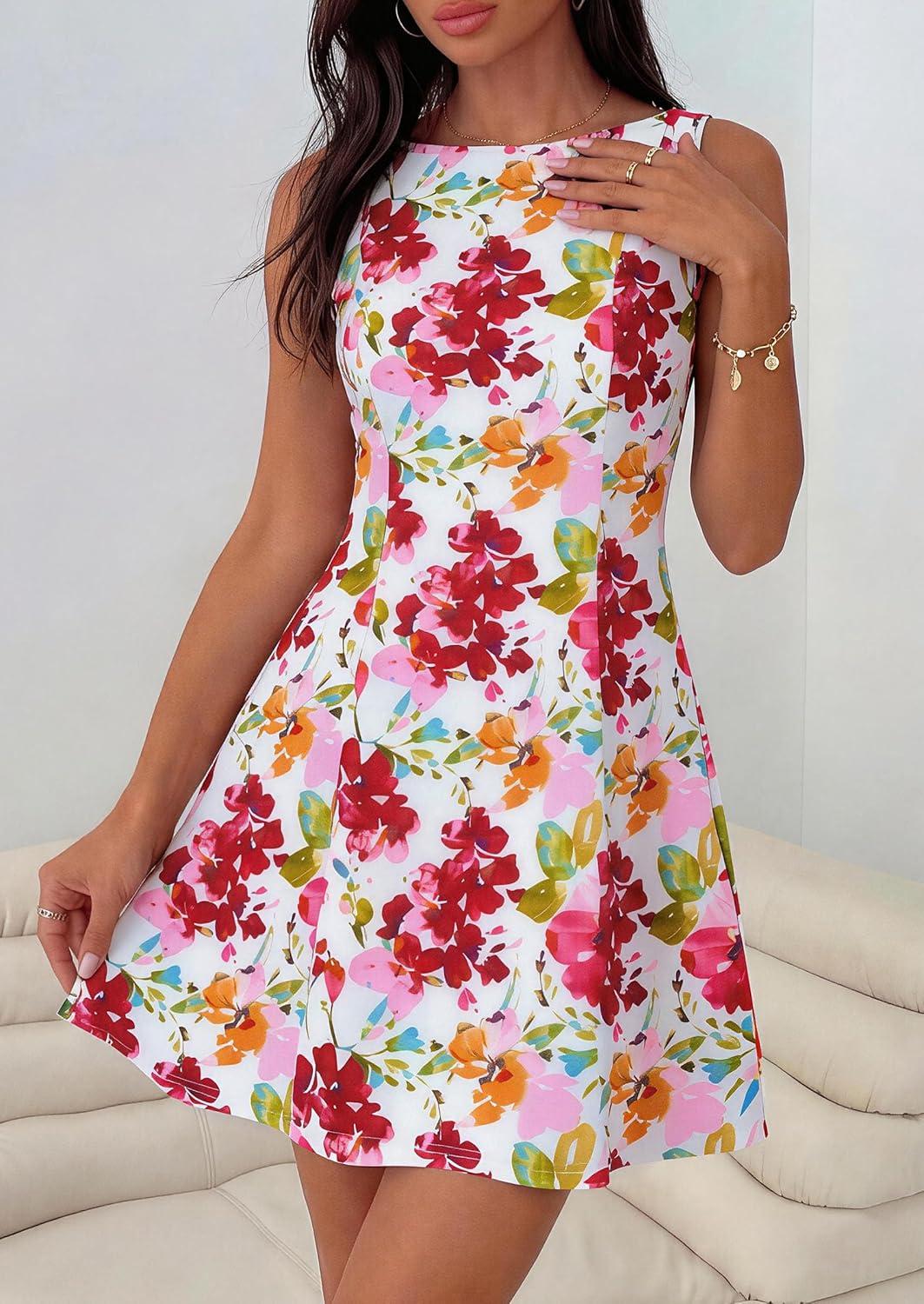 imagePRETTYGARDEN Womens 2026 Summer Short Dress Floral Sleeveless Boat Neck A Line Formal Cocktail Party Mini DressesFloral White Red