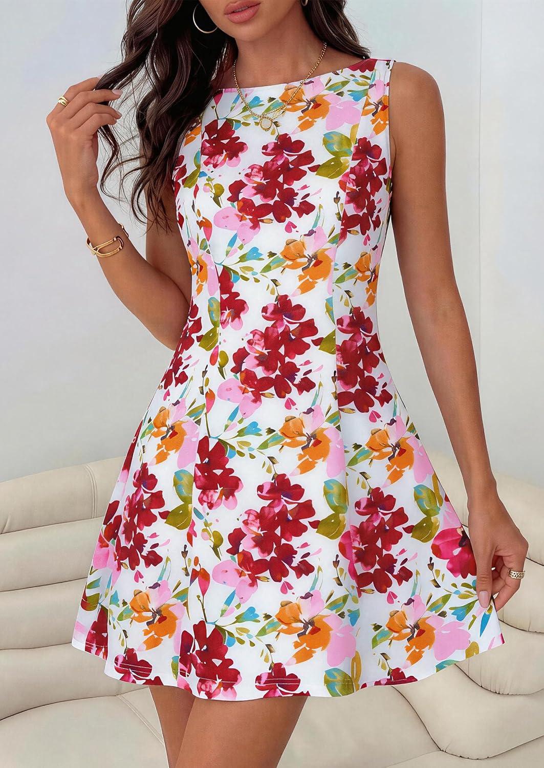 imagePRETTYGARDEN Womens 2026 Summer Short Dress Floral Sleeveless Boat Neck A Line Formal Cocktail Party Mini DressesFloral White Red