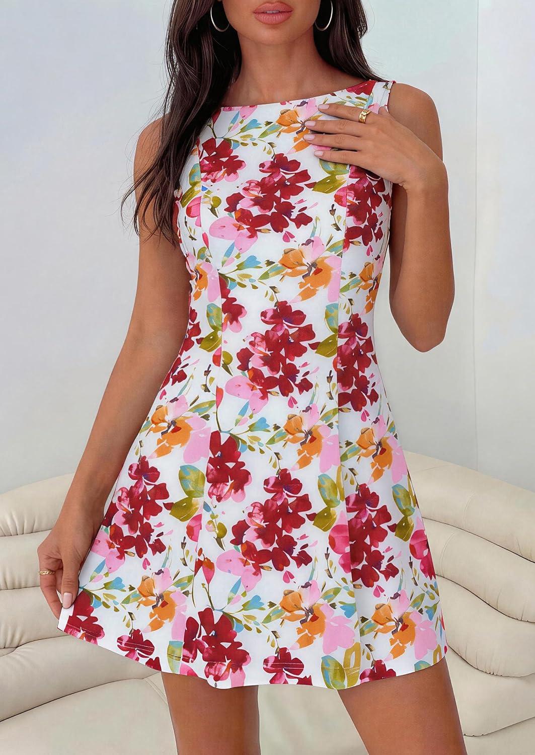 imagePRETTYGARDEN Womens 2026 Summer Short Dress Floral Sleeveless Boat Neck A Line Formal Cocktail Party Mini DressesFloral White Red