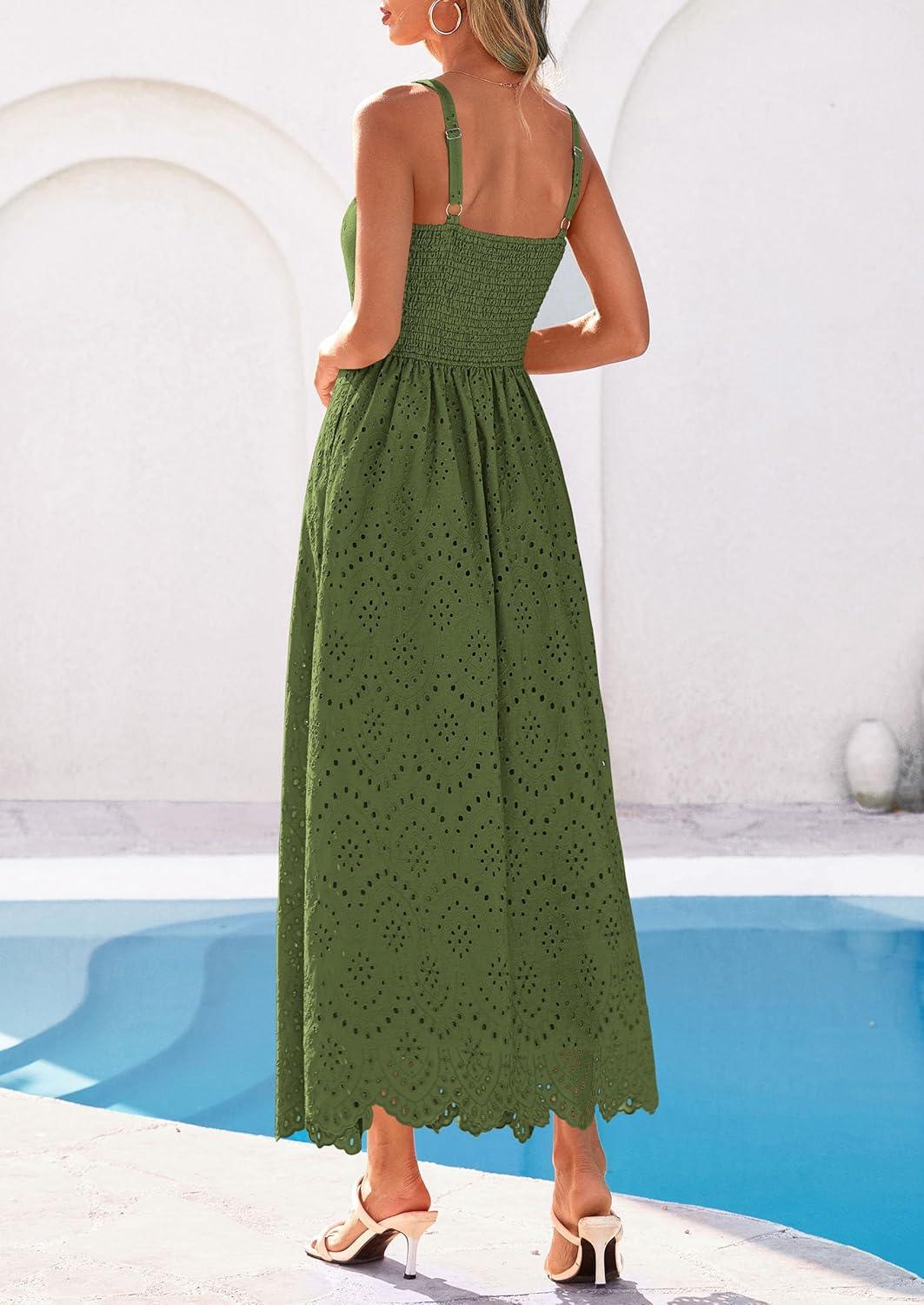 imagePRETTYGARDEN Womens Sleeveless Maxi Summer Dresses 2026 Hollow Out Eyelet Square Neck Ruffle Flowy Beach Vacation SundressArmy Green
