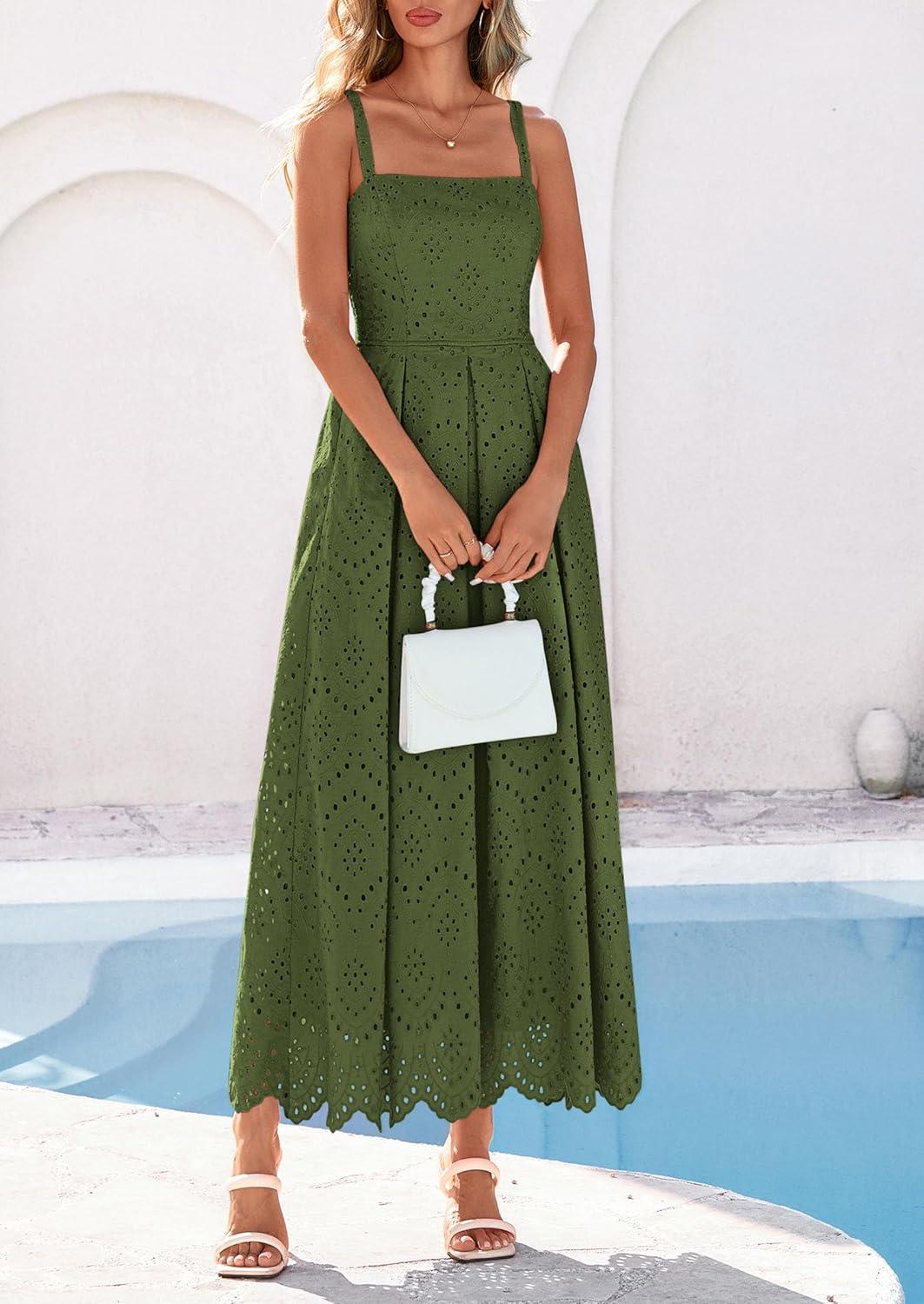 imagePRETTYGARDEN Womens Sleeveless Maxi Summer Dresses 2026 Hollow Out Eyelet Square Neck Ruffle Flowy Beach Vacation SundressArmy Green