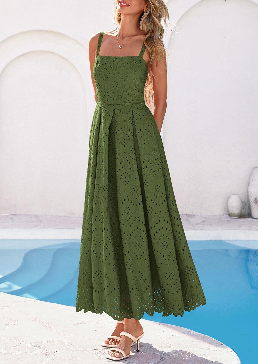 imagePRETTYGARDEN Womens Sleeveless Maxi Summer Dresses 2026 Hollow Out Eyelet Square Neck Ruffle Flowy Beach Vacation SundressArmy Green