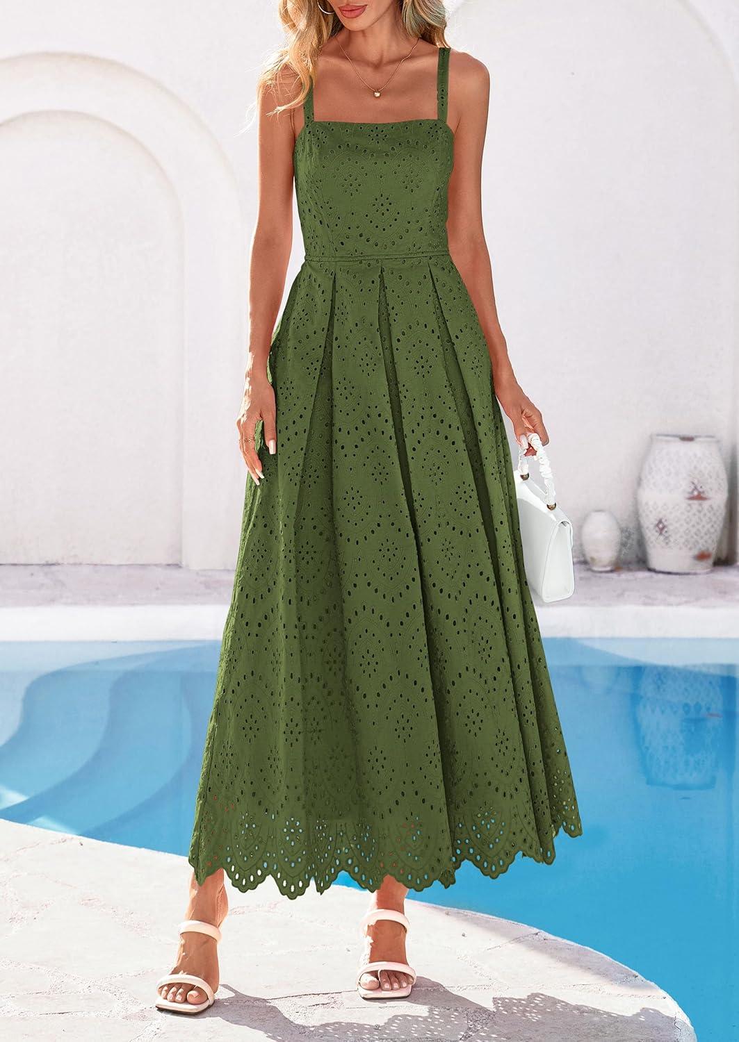 imagePRETTYGARDEN Womens Sleeveless Maxi Summer Dresses 2026 Hollow Out Eyelet Square Neck Ruffle Flowy Beach Vacation SundressArmy Green