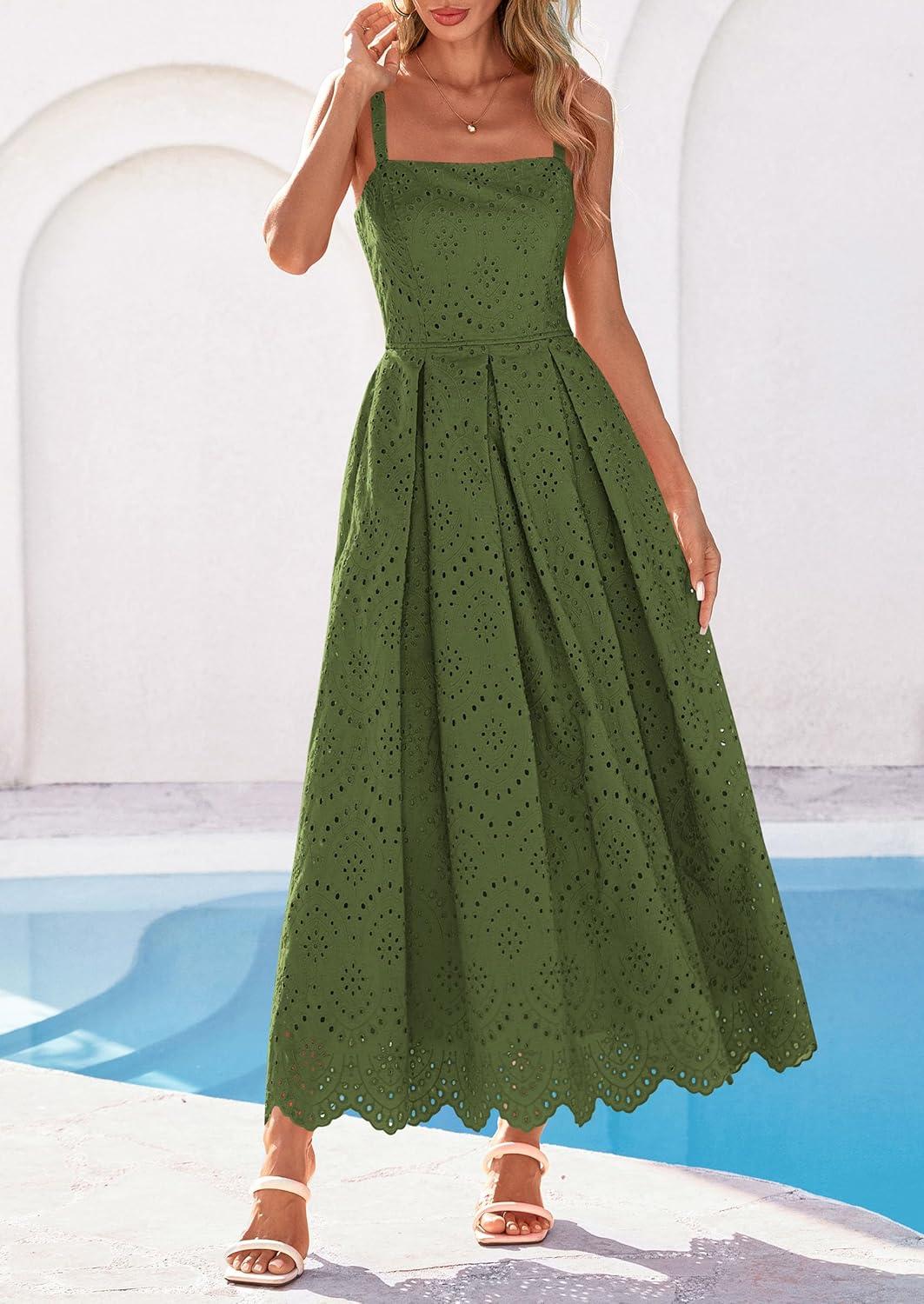 imagePRETTYGARDEN Womens Sleeveless Maxi Summer Dresses 2026 Hollow Out Eyelet Square Neck Ruffle Flowy Beach Vacation SundressArmy Green