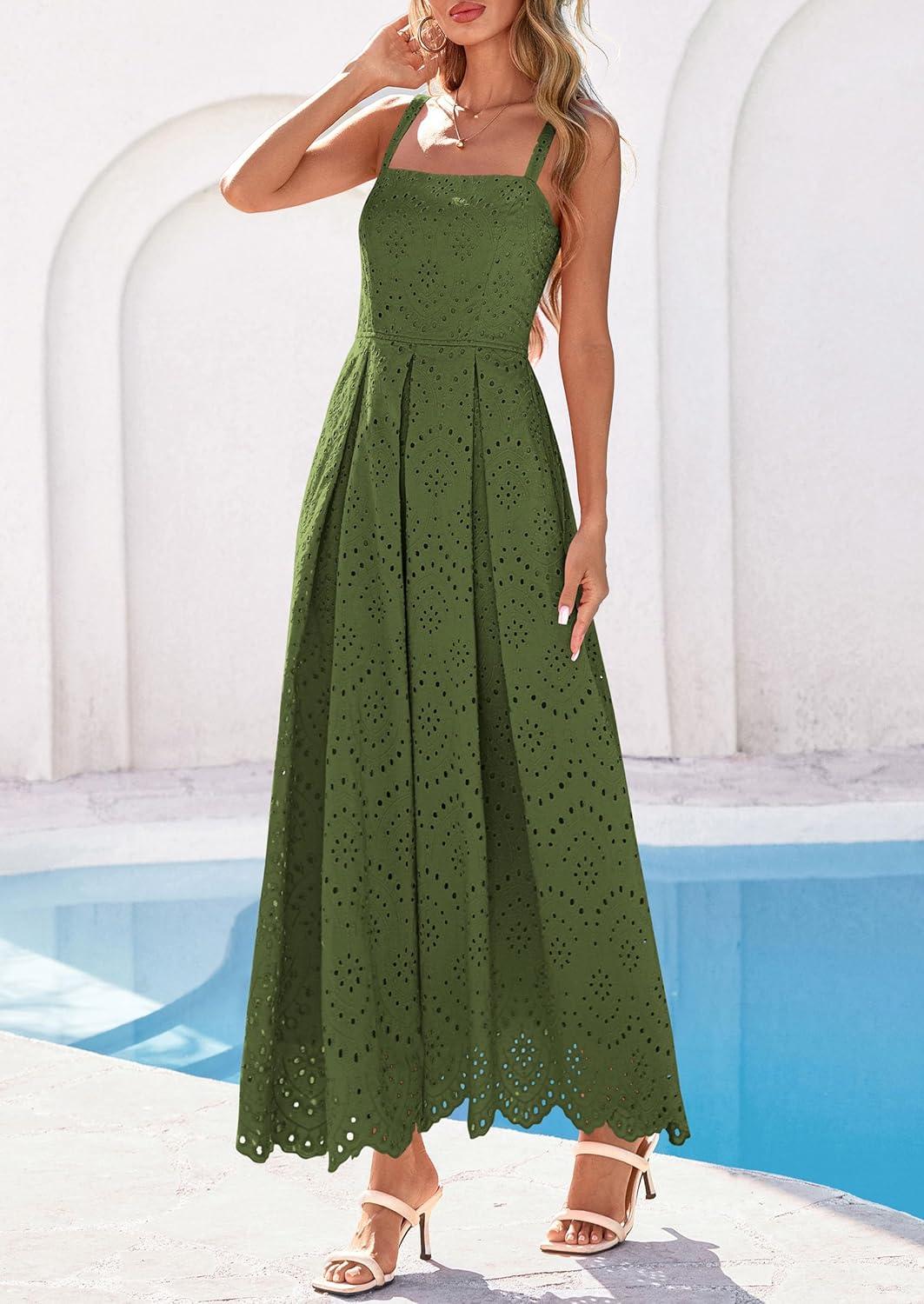 imagePRETTYGARDEN Womens Sleeveless Maxi Summer Dresses 2026 Hollow Out Eyelet Square Neck Ruffle Flowy Beach Vacation SundressArmy Green