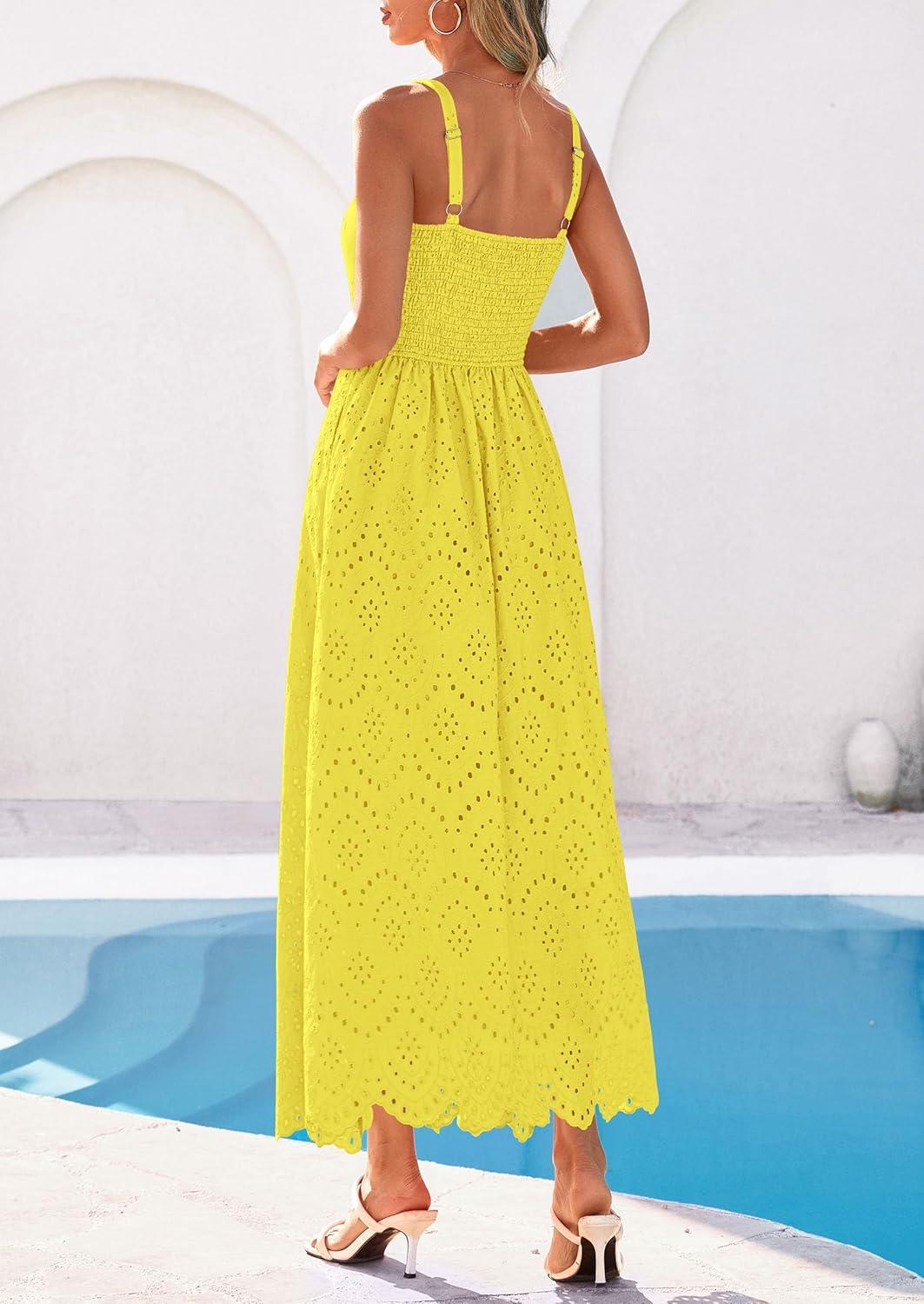imagePRETTYGARDEN Womens Sleeveless Maxi Summer Dresses 2026 Hollow Out Eyelet Square Neck Ruffle Flowy Beach Vacation SundressYellow