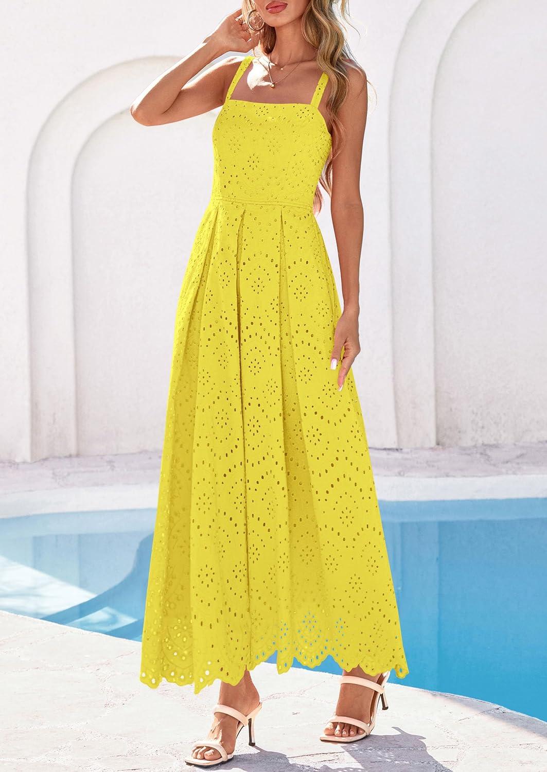 imagePRETTYGARDEN Womens Sleeveless Maxi Summer Dresses 2026 Hollow Out Eyelet Square Neck Ruffle Flowy Beach Vacation SundressYellow