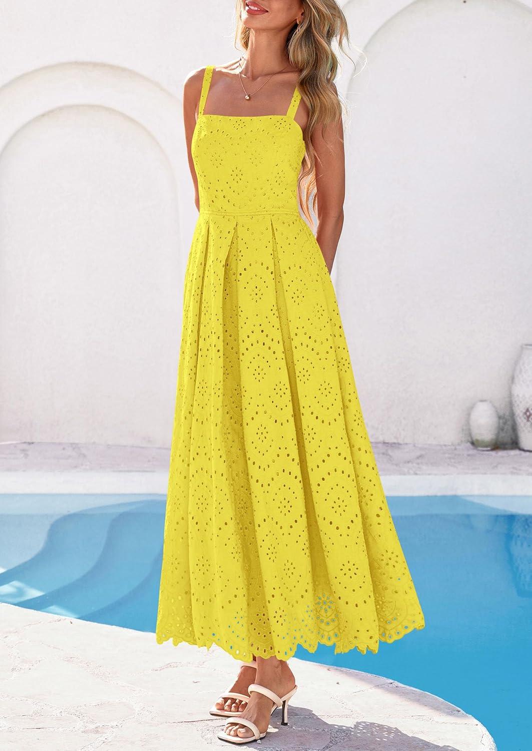 imagePRETTYGARDEN Womens Sleeveless Maxi Summer Dresses 2026 Hollow Out Eyelet Square Neck Ruffle Flowy Beach Vacation SundressYellow