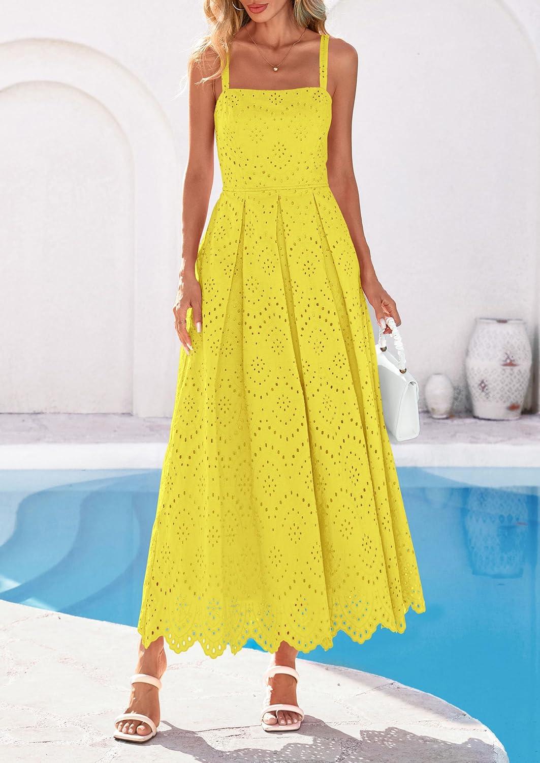 imagePRETTYGARDEN Womens Sleeveless Maxi Summer Dresses 2026 Hollow Out Eyelet Square Neck Ruffle Flowy Beach Vacation SundressYellow