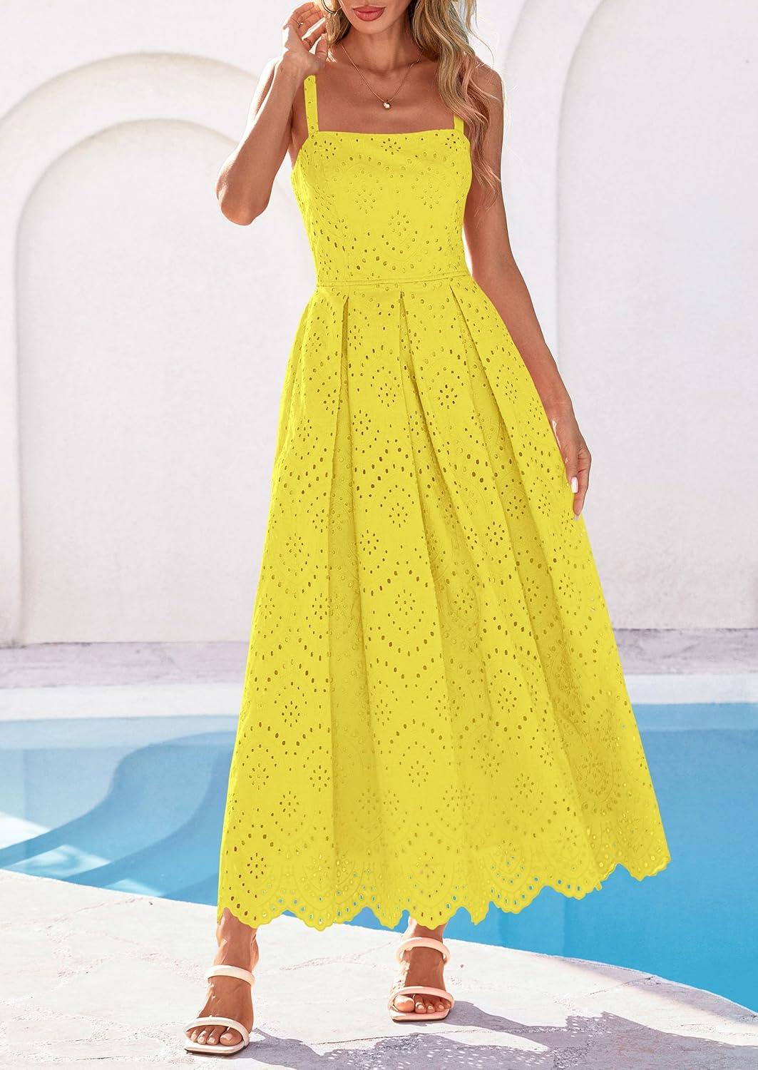 imagePRETTYGARDEN Womens Sleeveless Maxi Summer Dresses 2026 Hollow Out Eyelet Square Neck Ruffle Flowy Beach Vacation SundressYellow