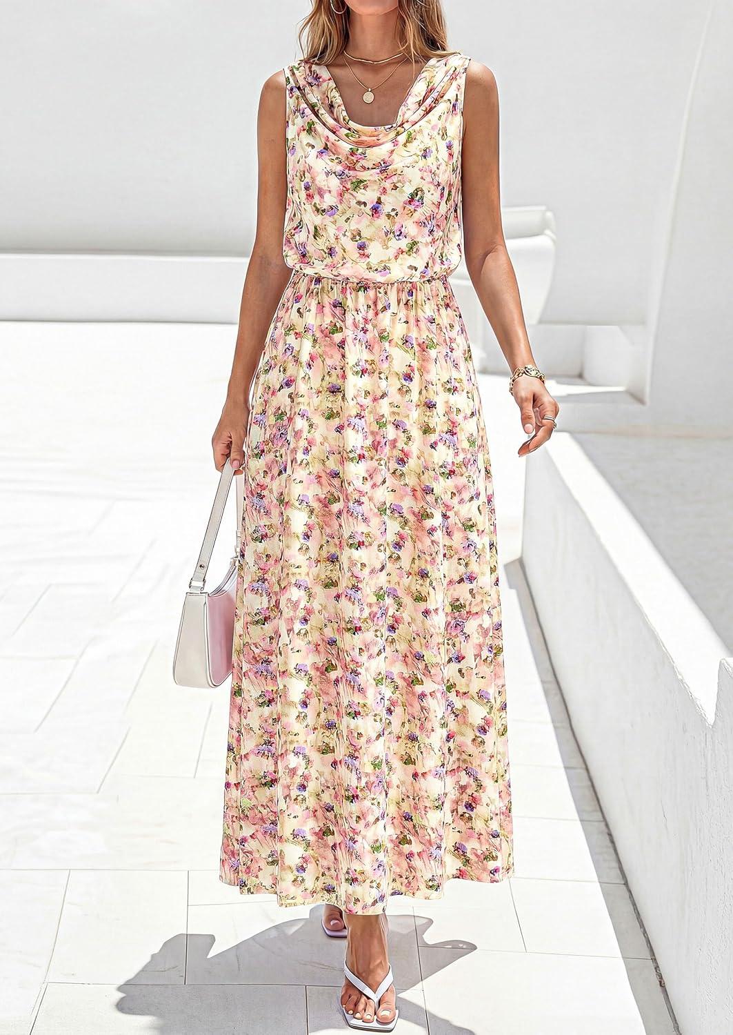 imagePRETTYGARDEN Womens Summer Floral Maxi Dresses 2026 Spring Sleeveless Cowl Neck Flowy Beach Vacation Wedding Guest Long DressFloral Apricot