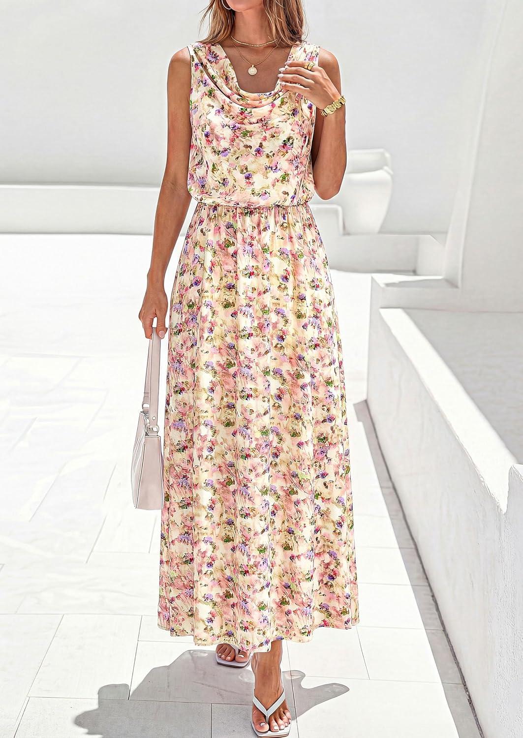 imagePRETTYGARDEN Womens Summer Floral Maxi Dresses 2026 Spring Sleeveless Cowl Neck Flowy Beach Vacation Wedding Guest Long DressFloral Apricot