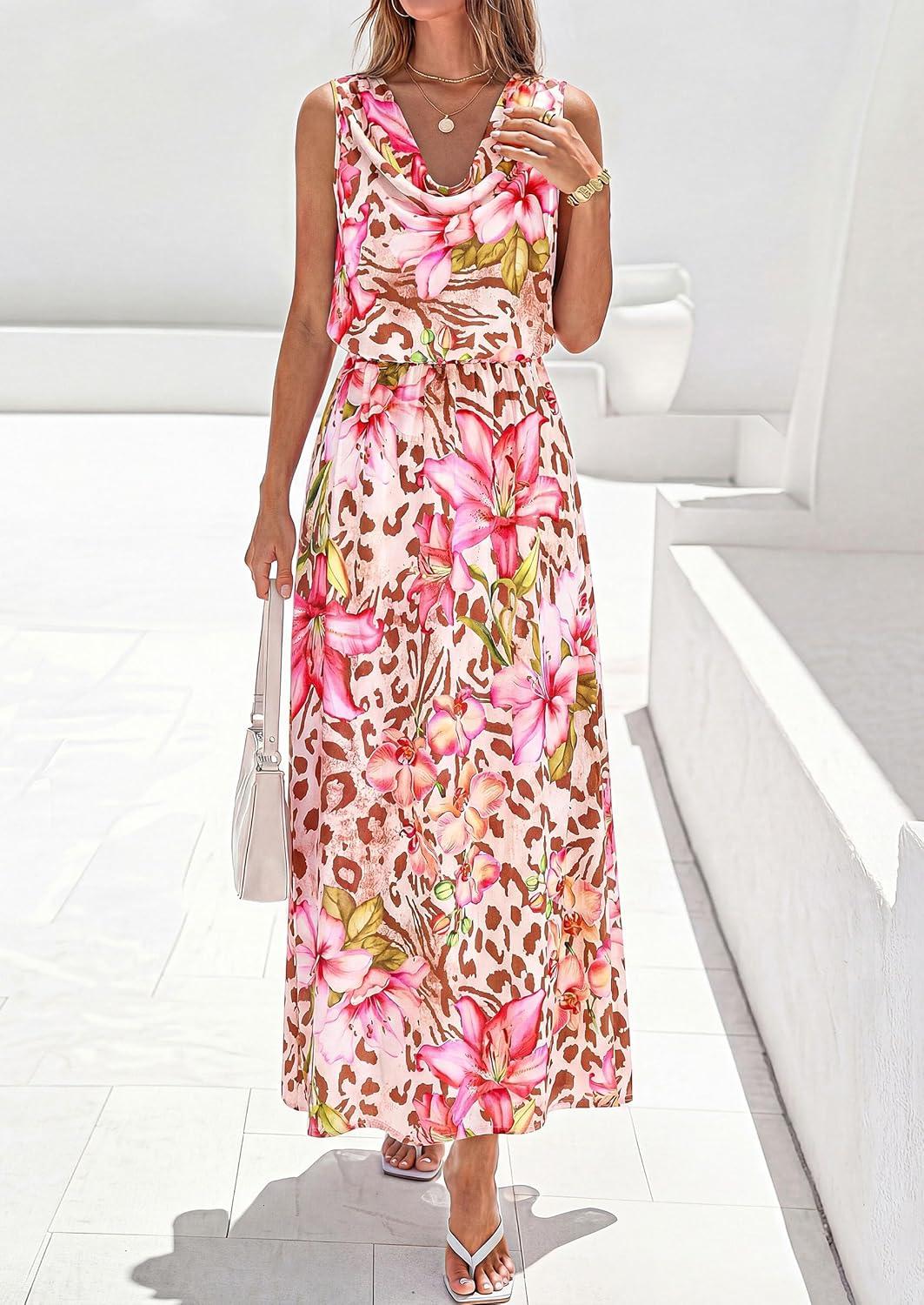 imagePRETTYGARDEN Womens Summer Floral Maxi Dresses 2026 Spring Sleeveless Cowl Neck Flowy Beach Vacation Wedding Guest Long DressFloral Apricot Pink