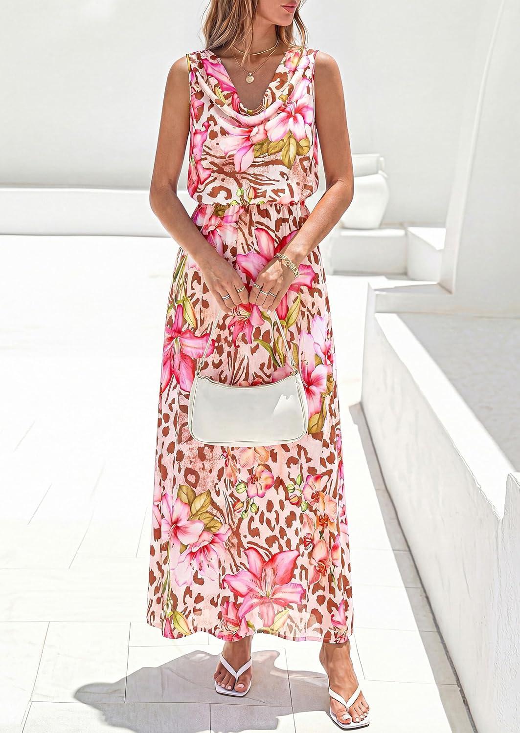imagePRETTYGARDEN Womens Summer Floral Maxi Dresses 2026 Spring Sleeveless Cowl Neck Flowy Beach Vacation Wedding Guest Long DressFloral Apricot Pink