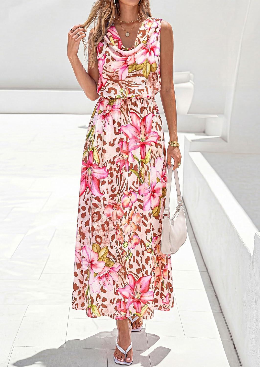 imagePRETTYGARDEN Womens Summer Floral Maxi Dresses 2026 Spring Sleeveless Cowl Neck Flowy Beach Vacation Wedding Guest Long DressFloral Apricot Pink
