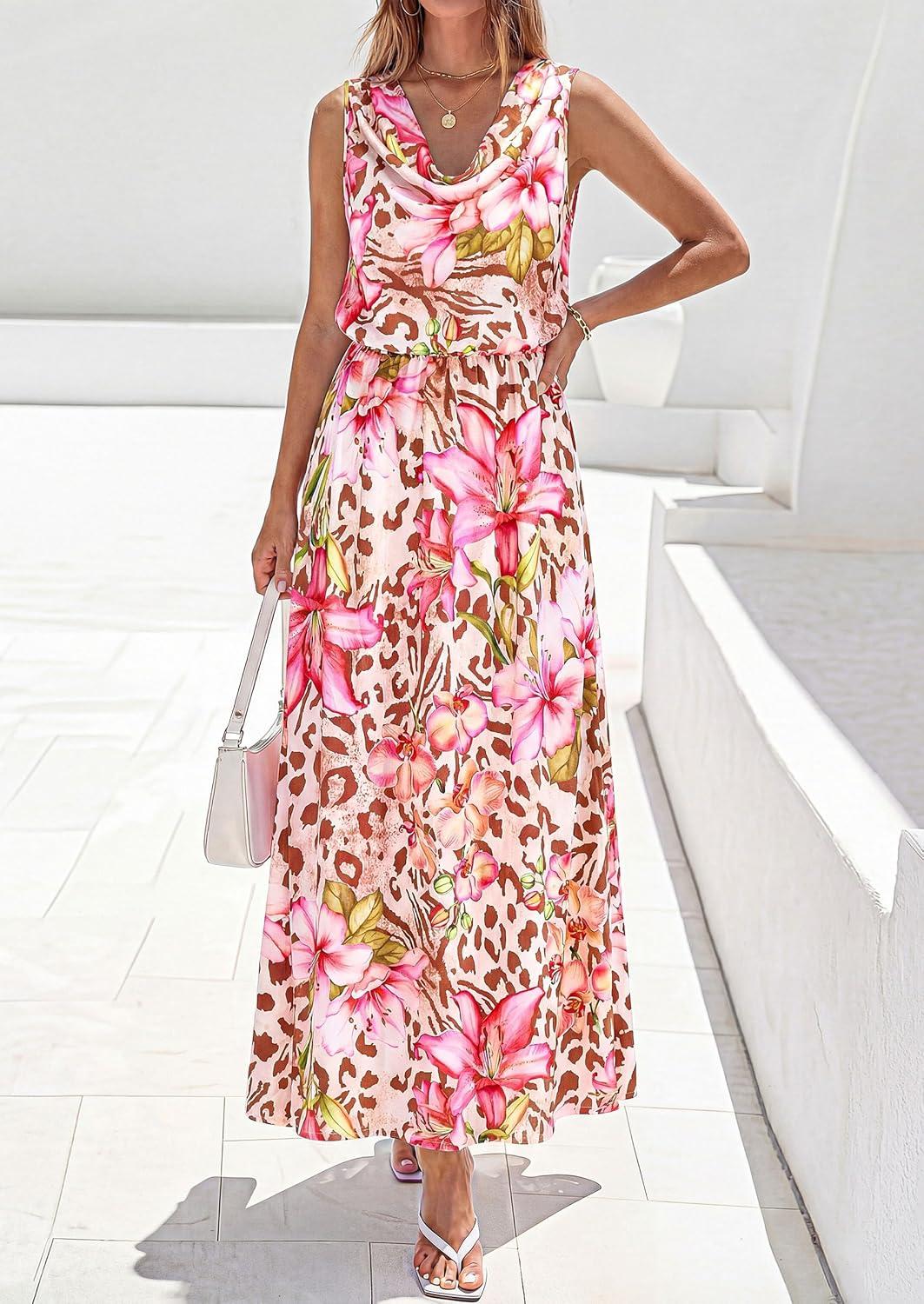 imagePRETTYGARDEN Womens Summer Floral Maxi Dresses 2026 Spring Sleeveless Cowl Neck Flowy Beach Vacation Wedding Guest Long DressFloral Apricot Pink