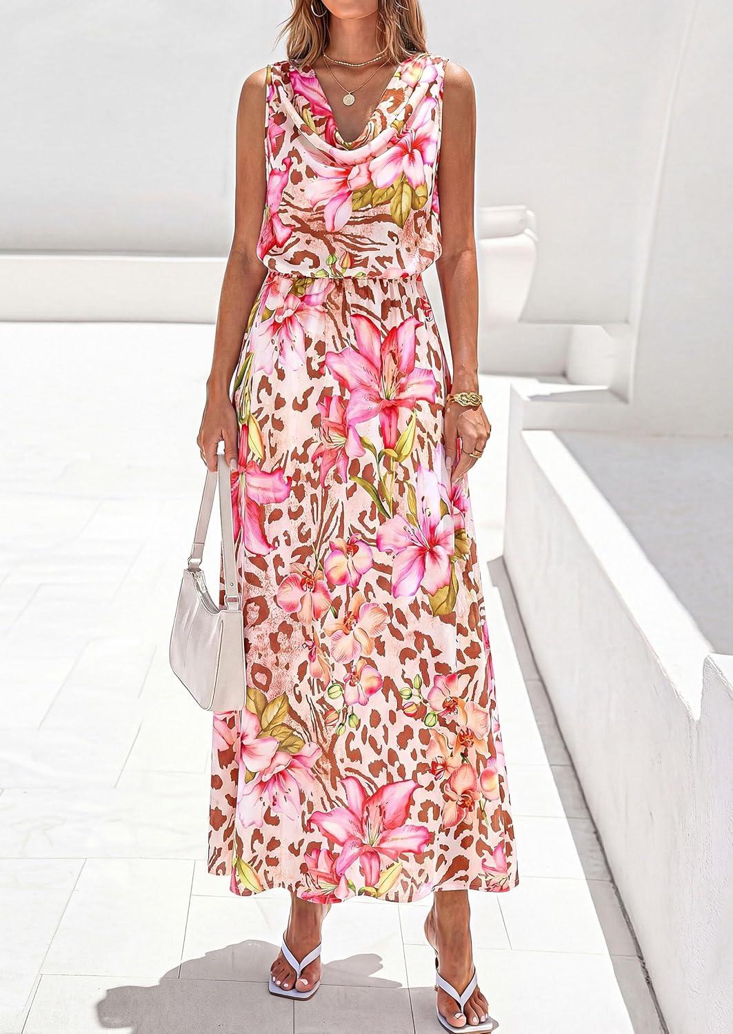 imagePRETTYGARDEN Womens Summer Floral Maxi Dresses 2026 Spring Sleeveless Cowl Neck Flowy Beach Vacation Wedding Guest Long DressFloral Apricot Pink