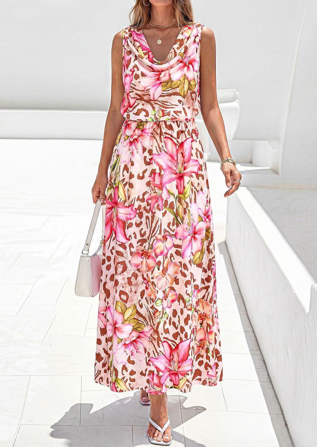 imagePRETTYGARDEN Womens Summer Floral Maxi Dresses 2026 Spring Sleeveless Cowl Neck Flowy Beach Vacation Wedding Guest Long DressFloral Apricot Pink