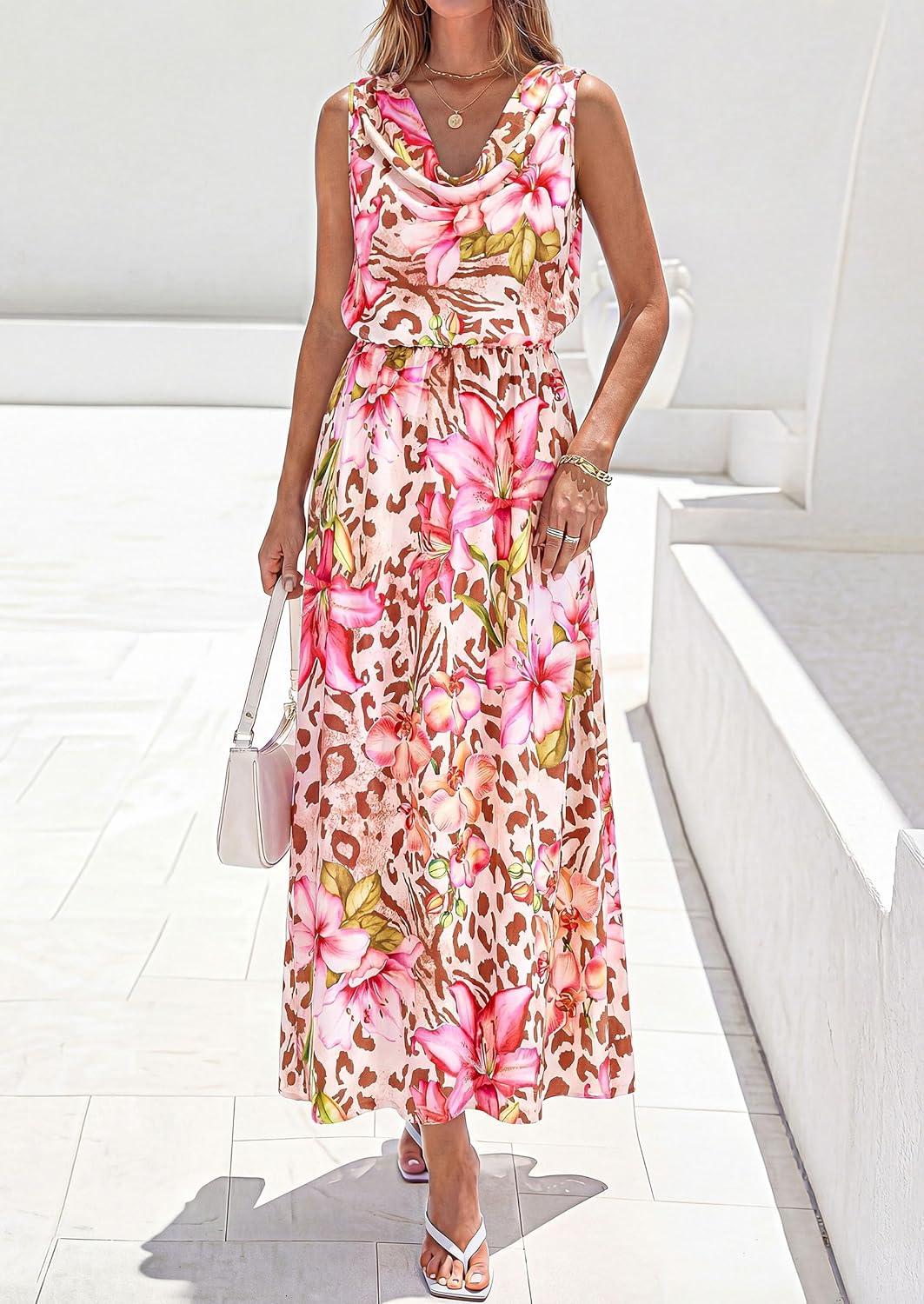 imagePRETTYGARDEN Womens Summer Floral Maxi Dresses 2026 Spring Sleeveless Cowl Neck Flowy Beach Vacation Wedding Guest Long DressFloral Apricot Pink