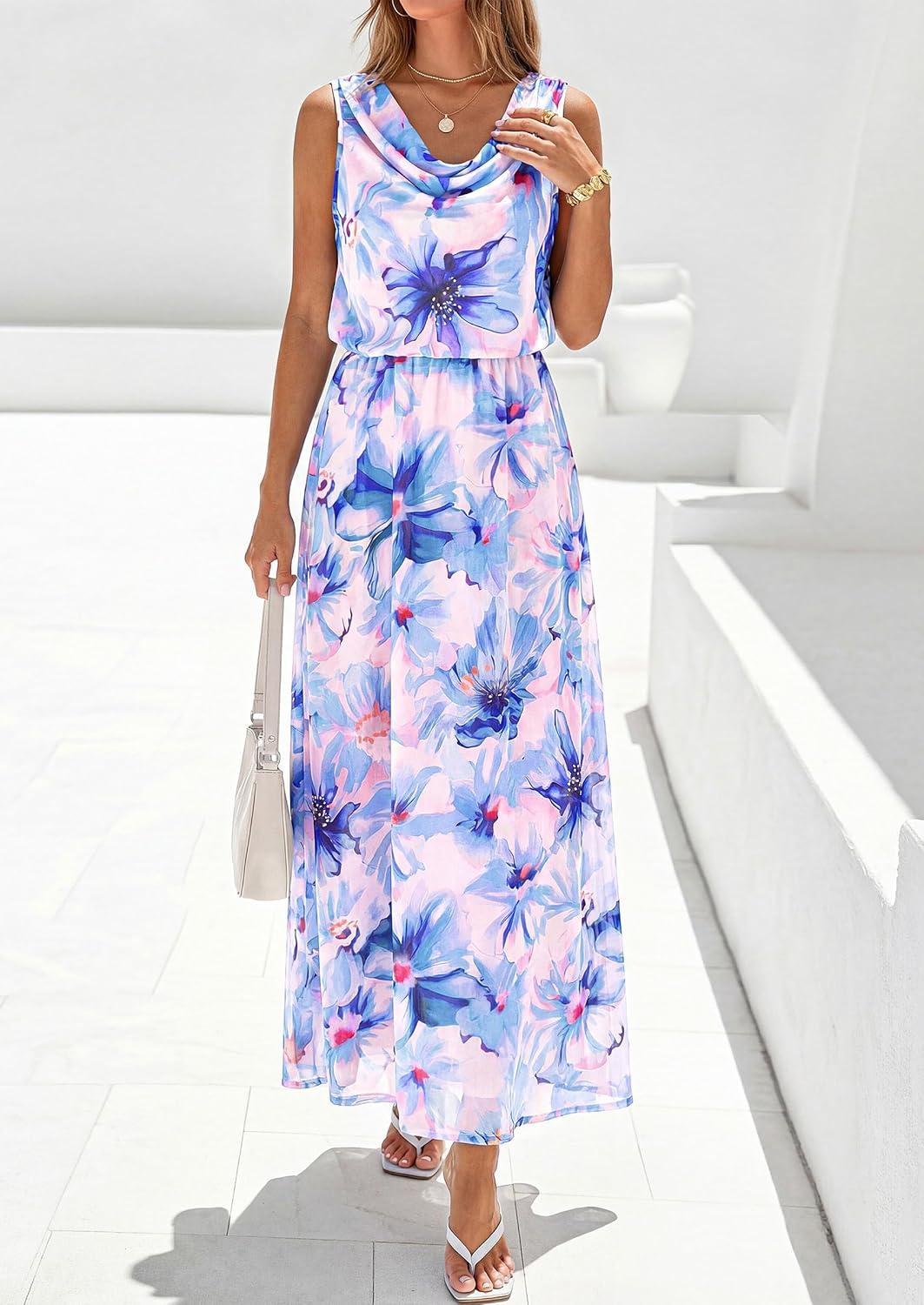 imagePRETTYGARDEN Womens Summer Floral Maxi Dresses 2026 Spring Sleeveless Cowl Neck Flowy Beach Vacation Wedding Guest Long DressFloral Purple Blue