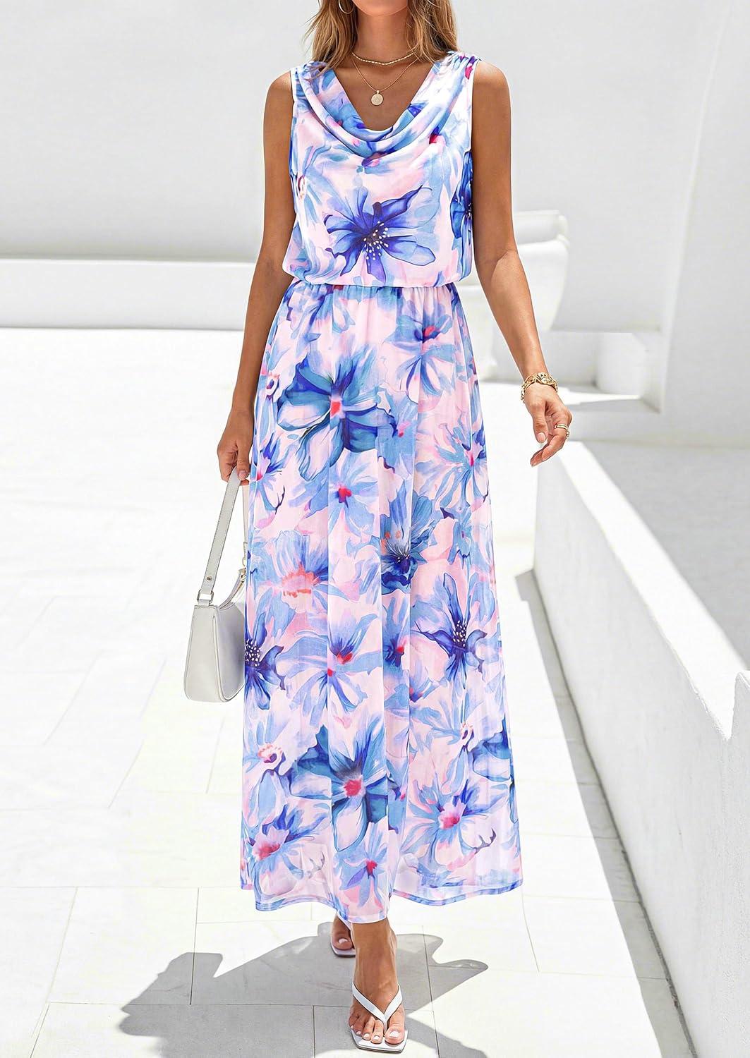 imagePRETTYGARDEN Womens Summer Floral Maxi Dresses 2026 Spring Sleeveless Cowl Neck Flowy Beach Vacation Wedding Guest Long DressFloral Purple Blue