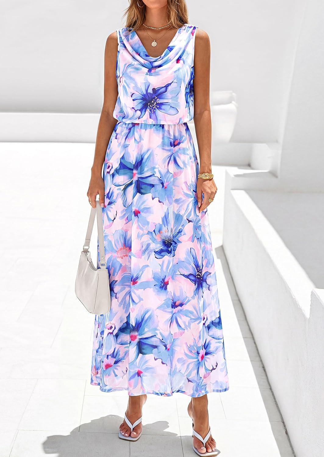 imagePRETTYGARDEN Womens Summer Floral Maxi Dresses 2026 Spring Sleeveless Cowl Neck Flowy Beach Vacation Wedding Guest Long DressFloral Purple Blue