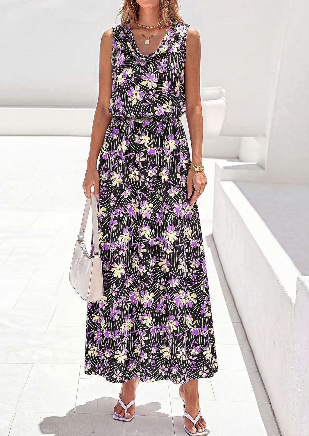imagePRETTYGARDEN Womens Summer Floral Maxi Dresses 2026 Spring Sleeveless Cowl Neck Flowy Beach Vacation Wedding Guest Long DressFlower Black Purple